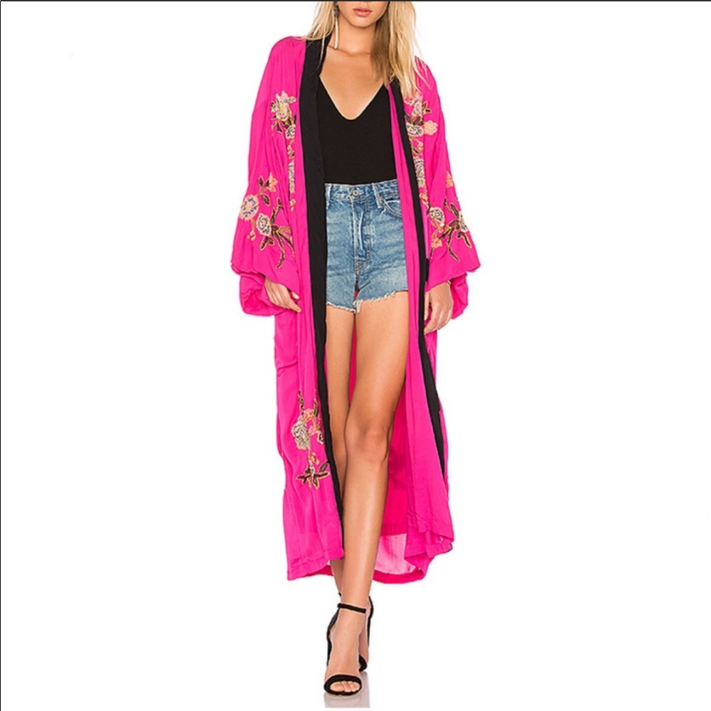 Free People Floral Embroidered Kimono